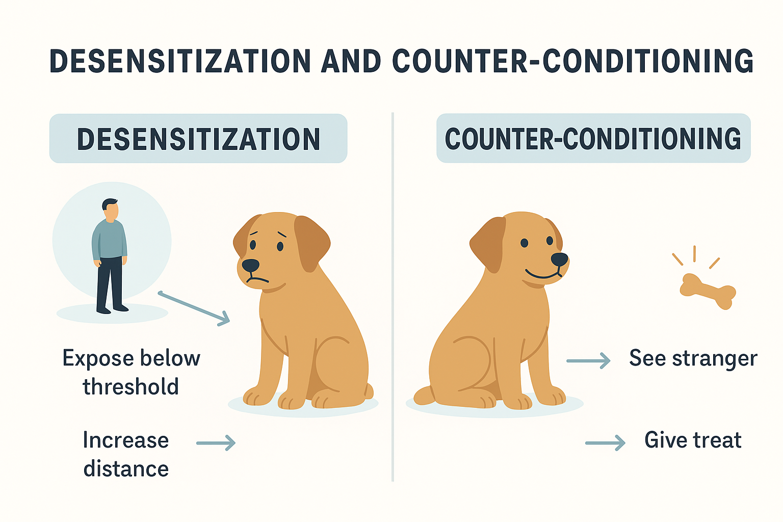 Infographic contrasting desensitization vs counter-conditioning steps in positive dog training