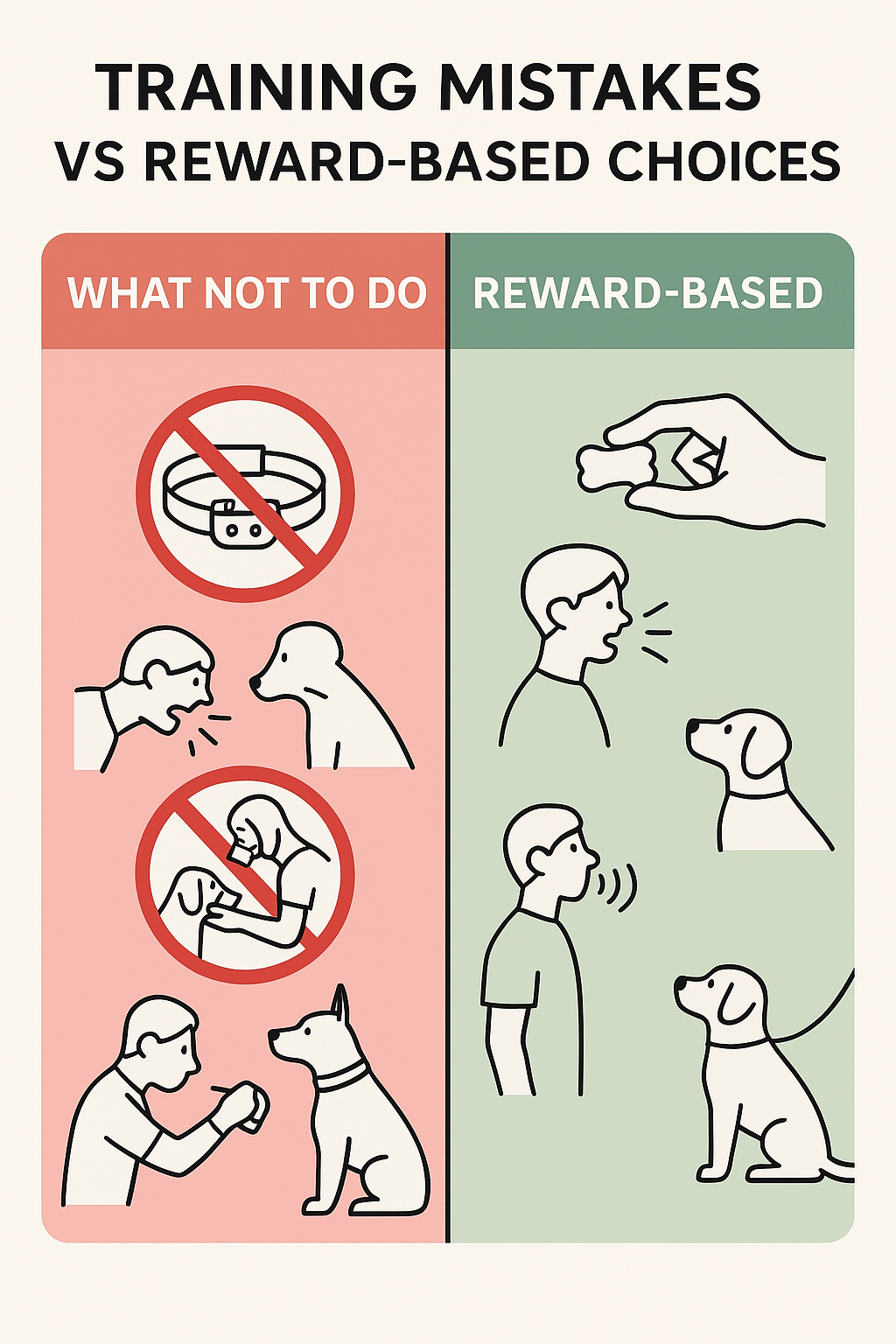 Warning graphic contrasting dog training mistakes versus safe, reward‑based alternatives