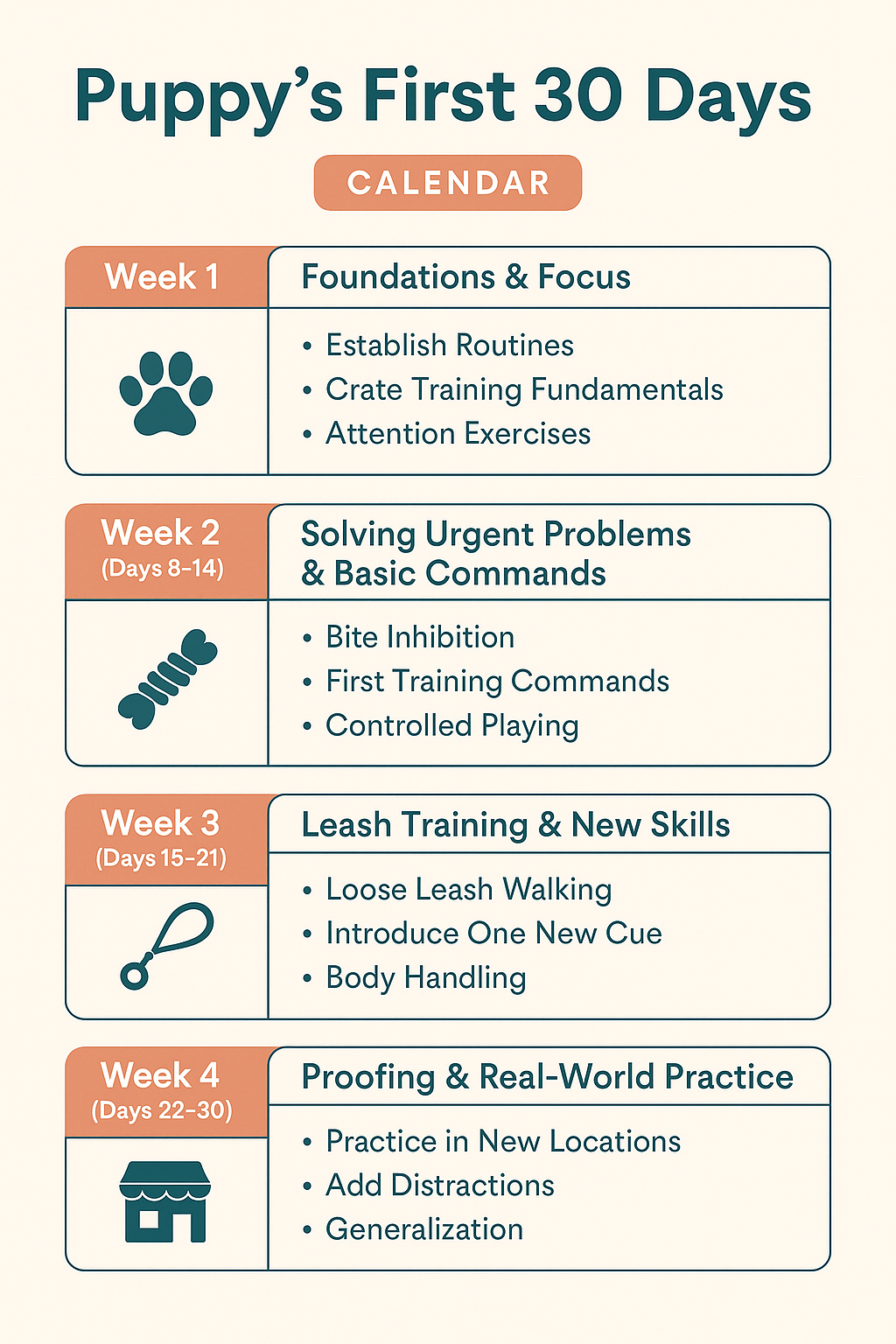 Infographic showing a 4-week puppy training plan using positive reinforcement, covering routines, crate training, commands, leash walking, and real-world practice.
