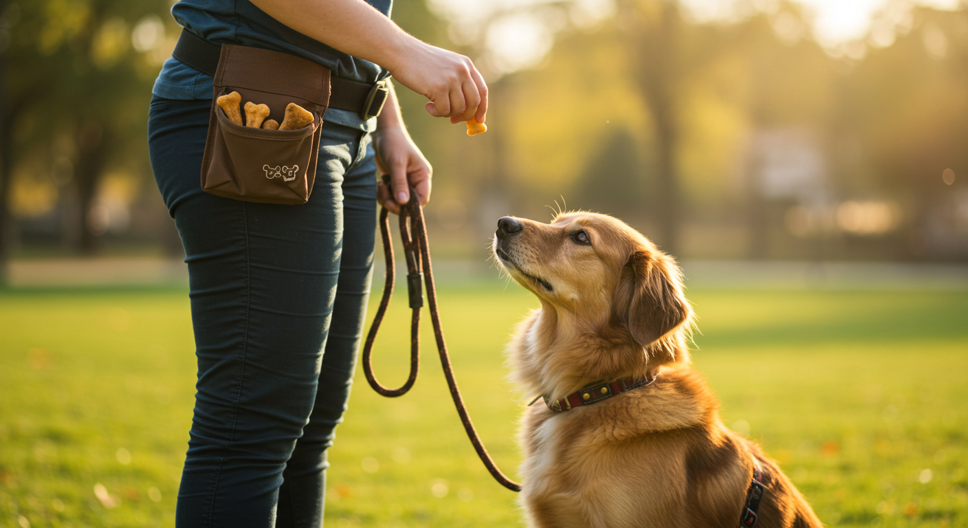 Dog leash and treat pouch clipped to owner’s waist during positive reinforcement training