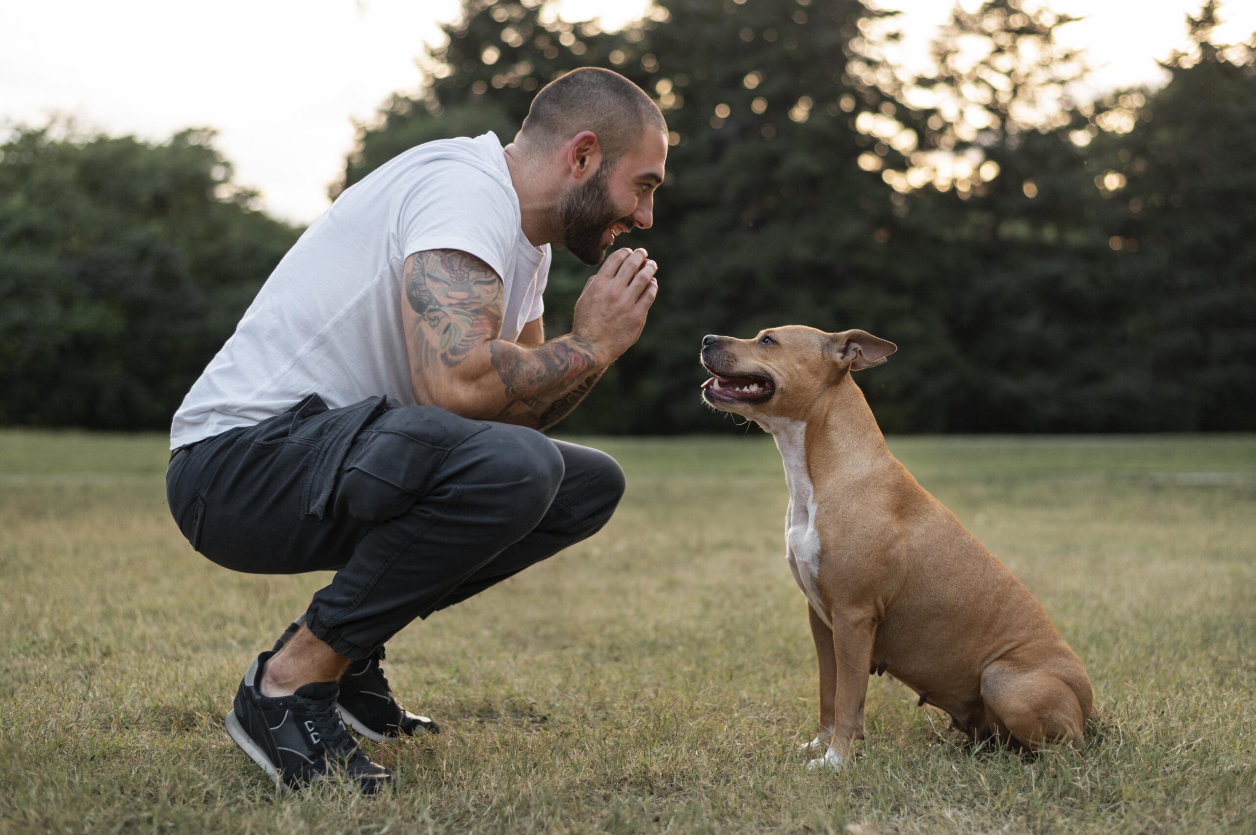 Puppy practicing commands in a public setting with light distractions.